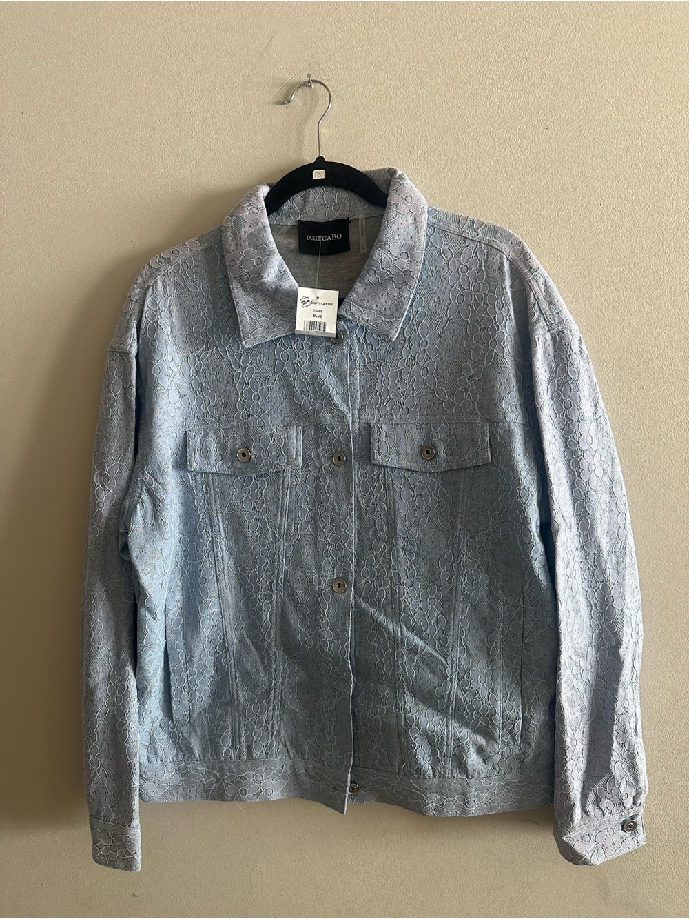 Dolce Cabo Pale Blue Lace-Detail Jeans Jacket Size L - Picture 1 of 3